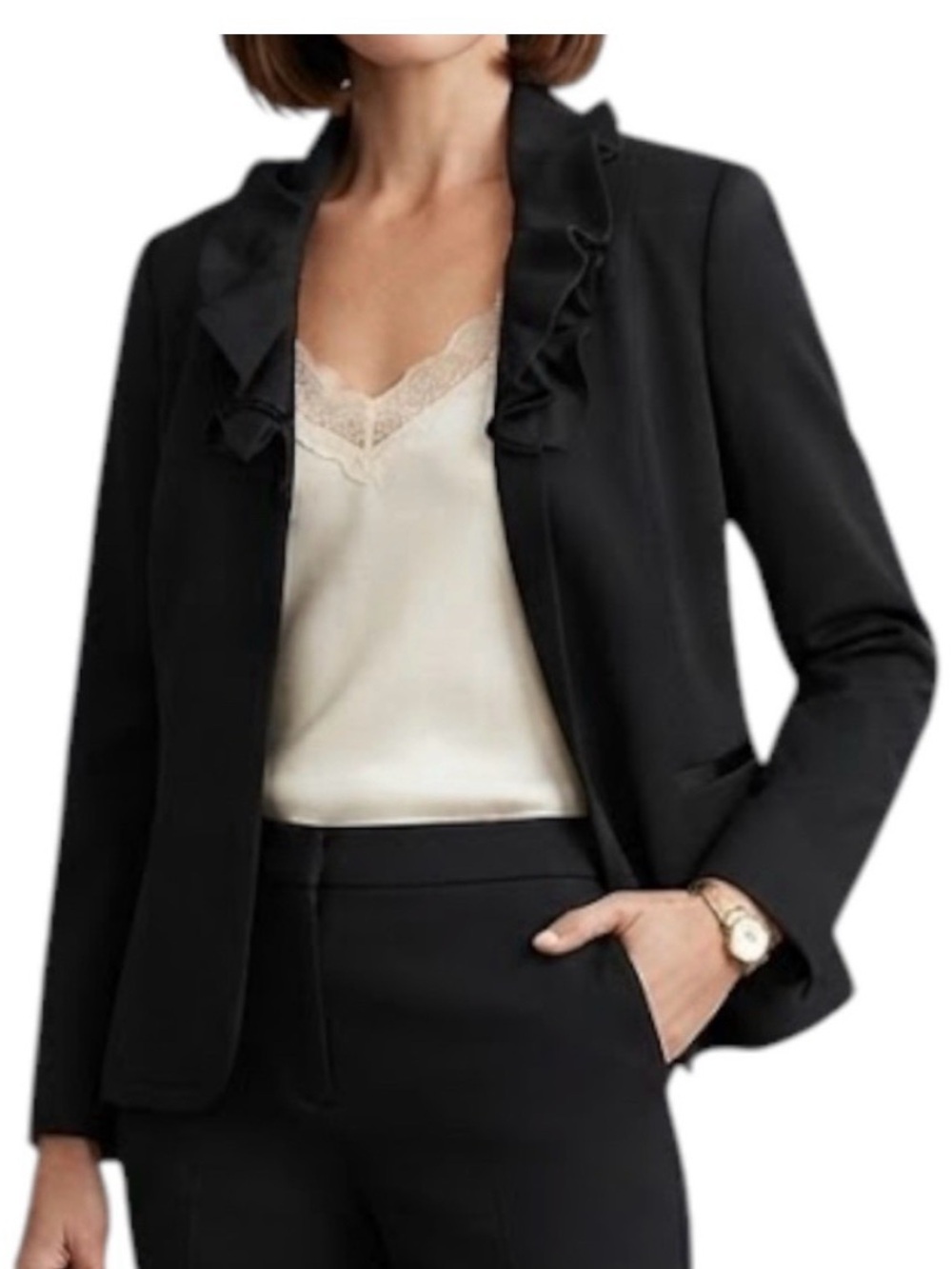 TAHARI Black Zip Front Ruffle Blazer Jacket Shoulder Pads M